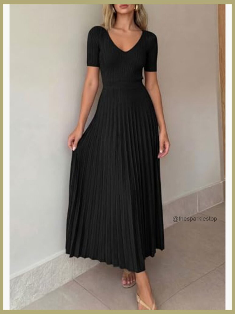 V Neck Pleated Ribbed Knit Midi Sweater Dress A Line Short Sleeve - Picture 3 of 7